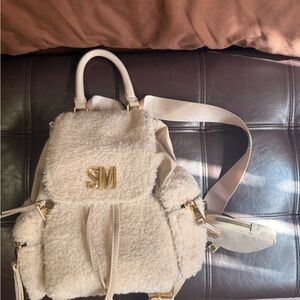 Steve Madden Cream Sherpa Backpack with Gold SM Logo